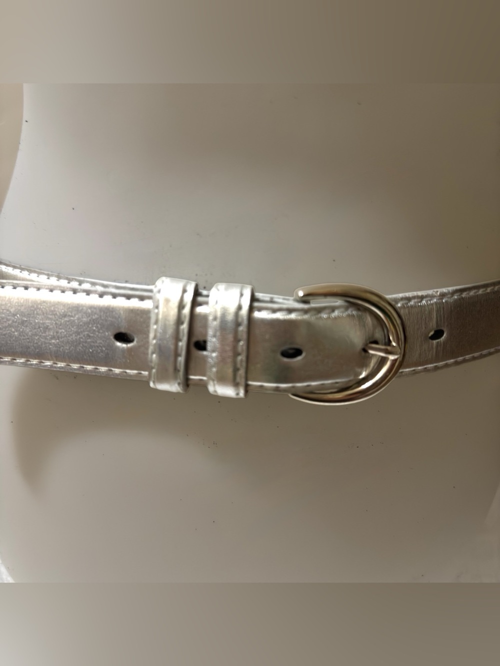 Genuine Leather Metallic Silver Skinny Belt Silver Tone Buckle 1” x 40”